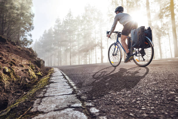 Cyclist on a bicycle with panniers riding along a foggy forest road Cyclist on a touring bicycle with panniers traveling on an old road through a forest. The sun is shining through light fog. bike touring stock pictures, royalty-free photos & images