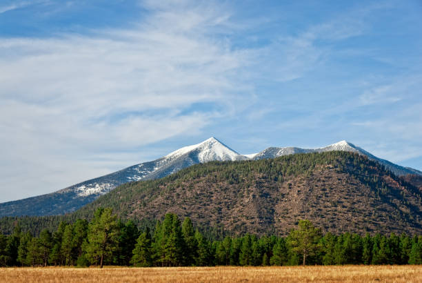 The San Francisco Peaks, located near Flagstaff, Arizona, are the highest mountain range in the state, with Humphreys Peak being the highest point at 12,633 feet (3,851 meters)